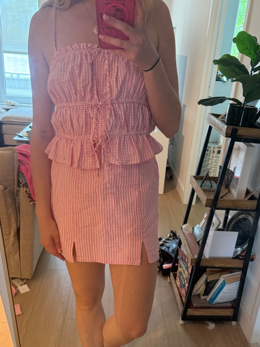 T.J.Maxx Pink Gingham Smocked Ruffle Co Ord Skirt and Top